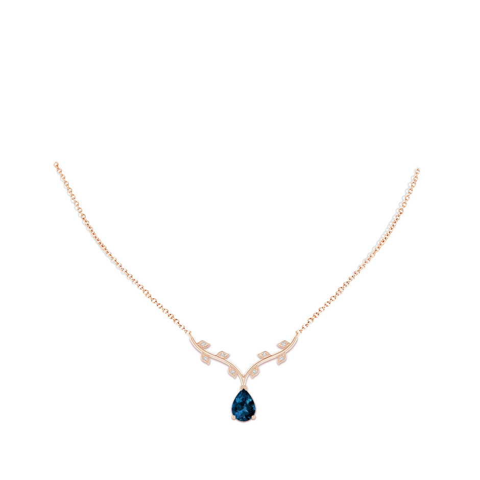 10x7mm AAAA Pear-Shaped London Blue Topaz Necklace with Leaf Motifs in Rose Gold body-neck