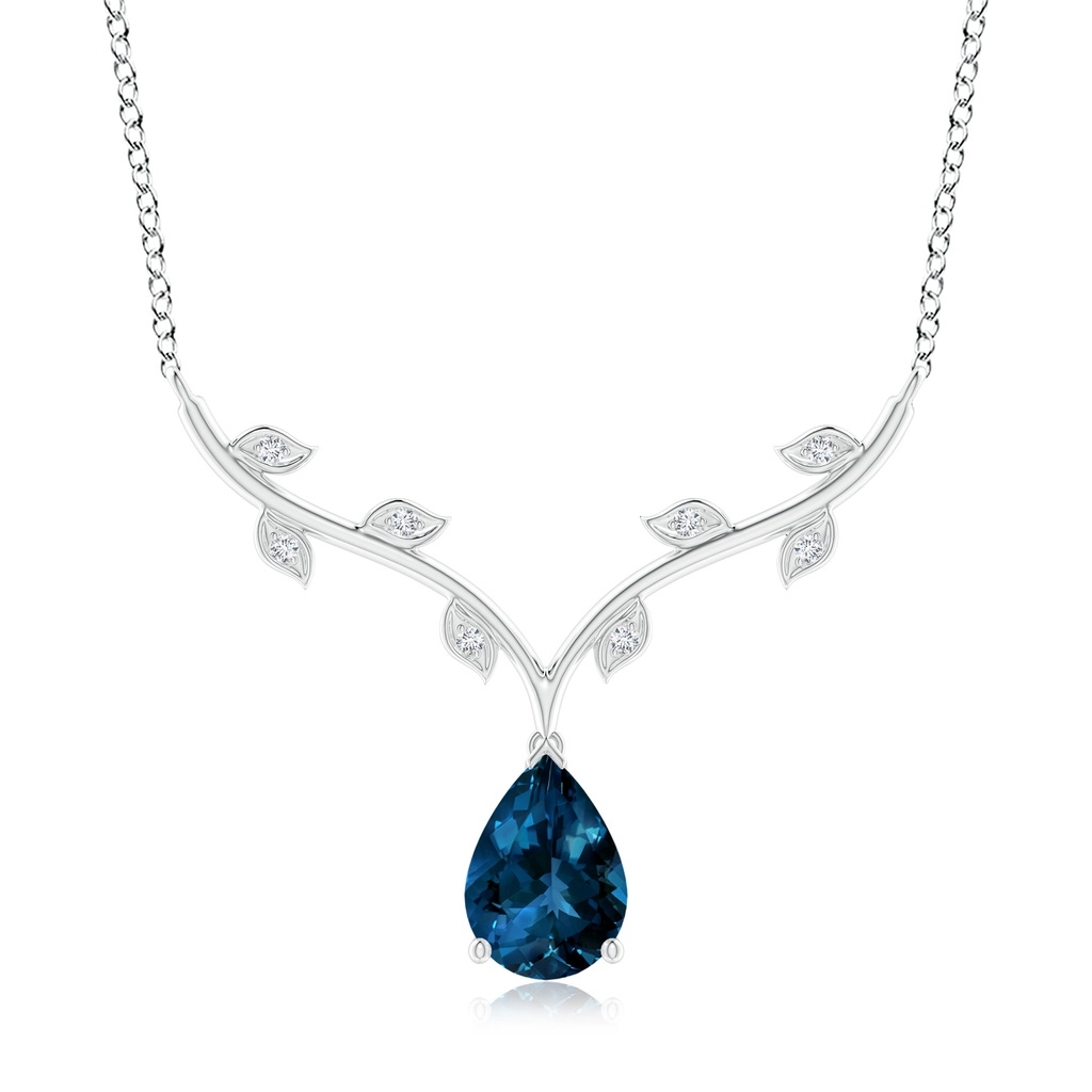 10x7mm AAAA Pear-Shaped London Blue Topaz Necklace with Leaf Motifs in White Gold