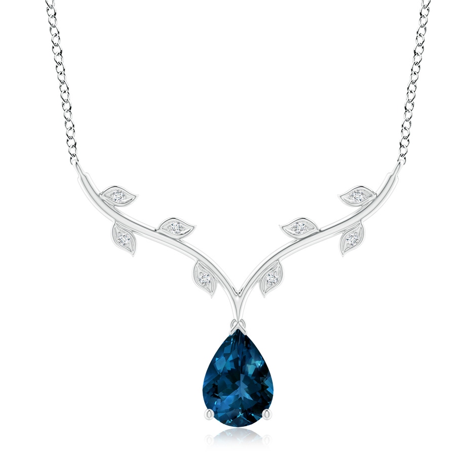 10x7mm AAAA Pear-Shaped London Blue Topaz Necklace with Leaf Motifs in White Gold 