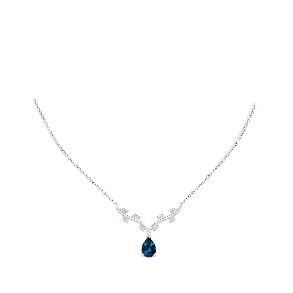 10x7mm AAAA Pear-Shaped London Blue Topaz Necklace with Leaf Motifs in White Gold body-neck