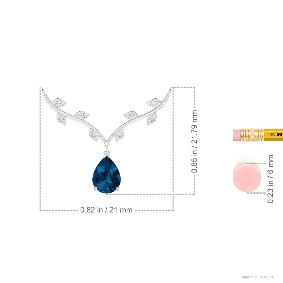 8x6mm AAA Pear-Shaped London Blue Topaz Necklace with Leaf Motifs in White Gold ruler