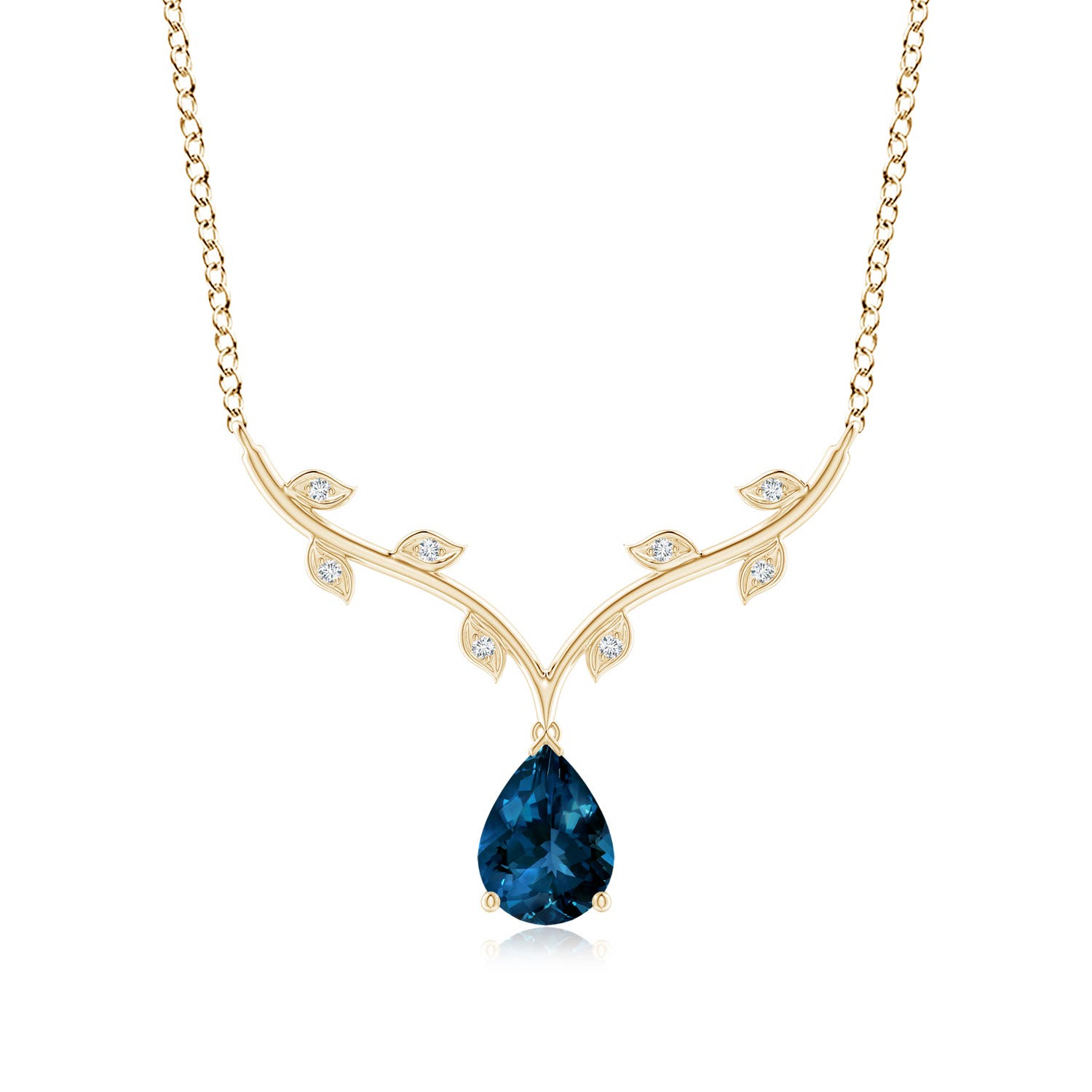 8x6mm AAAA Pear-Shaped London Blue Topaz Necklace with Leaf Motifs in Yellow Gold
