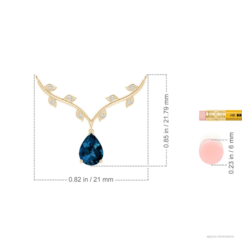 8x6mm AAAA Pear-Shaped London Blue Topaz Necklace with Leaf Motifs in Yellow Gold ruler