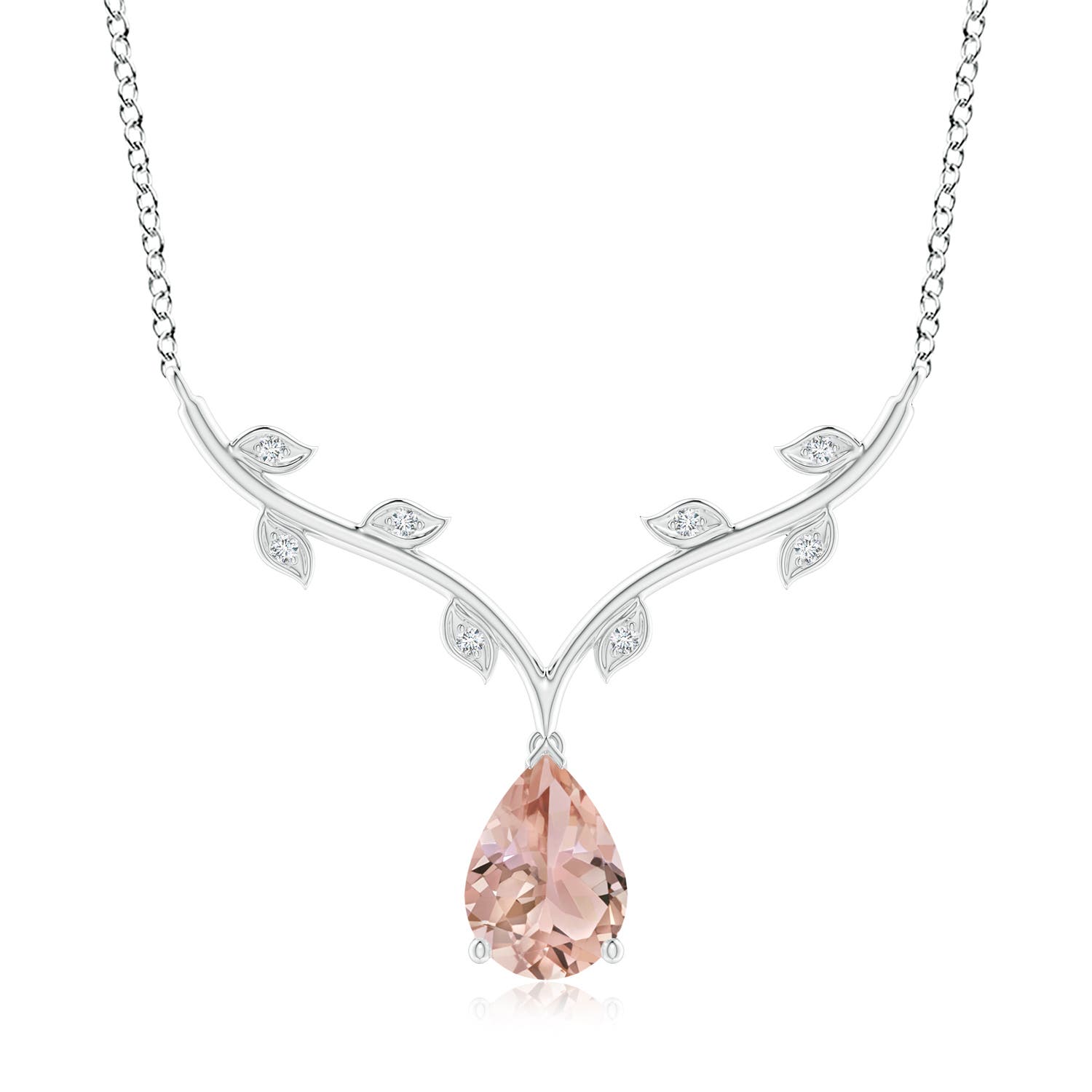 10x7mm AAA Pear-Shaped Morganite Necklace with Leaf Motifs in White Gold