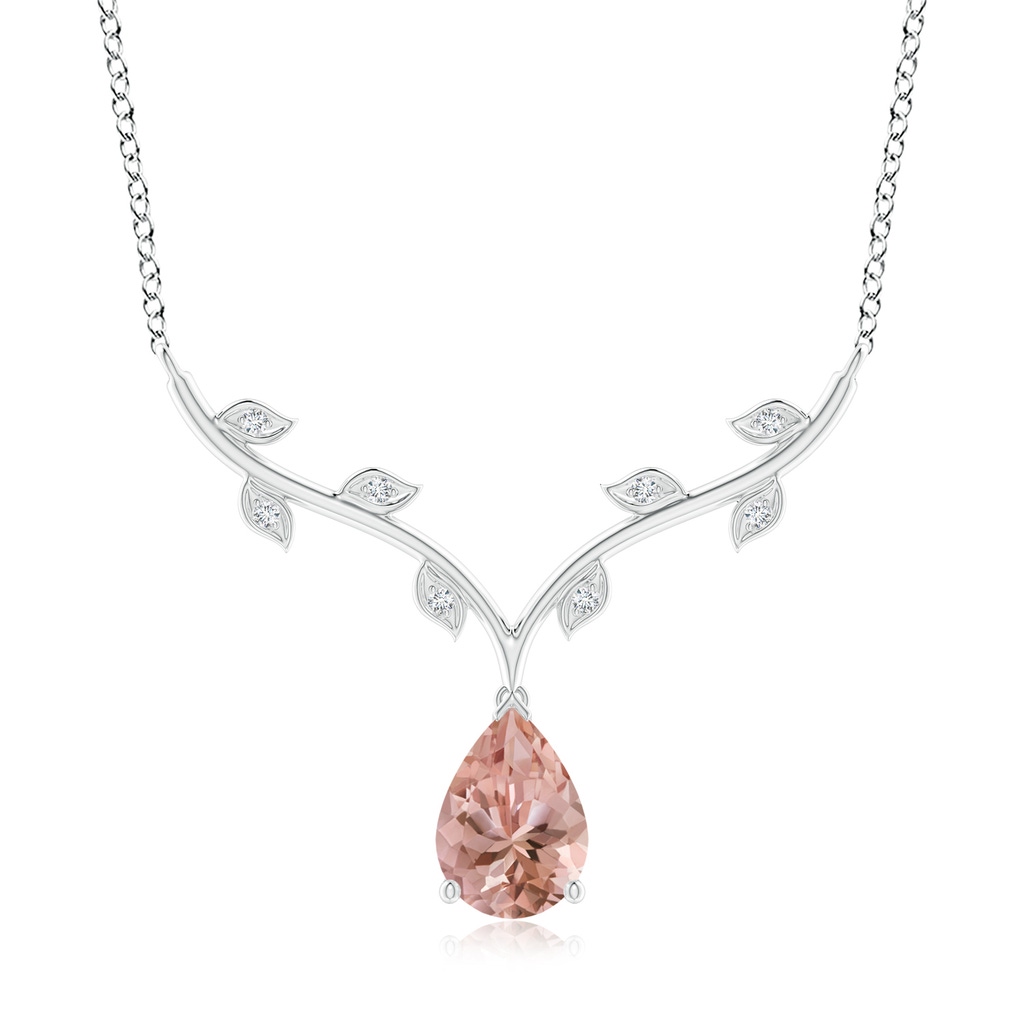 10x7mm AAAA Pear-Shaped Morganite Necklace with Leaf Motifs in White Gold