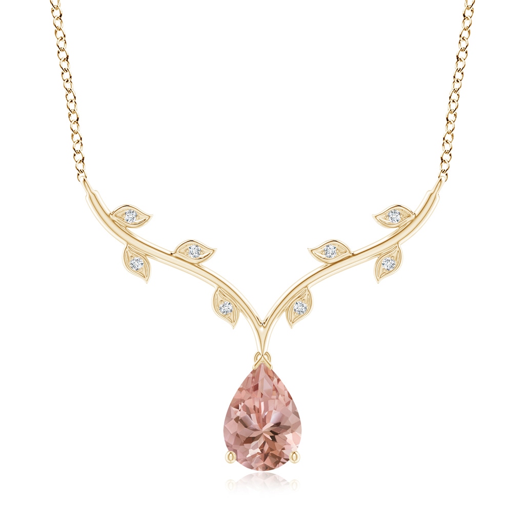 10x7mm AAAA Pear-Shaped Morganite Necklace with Leaf Motifs in Yellow Gold