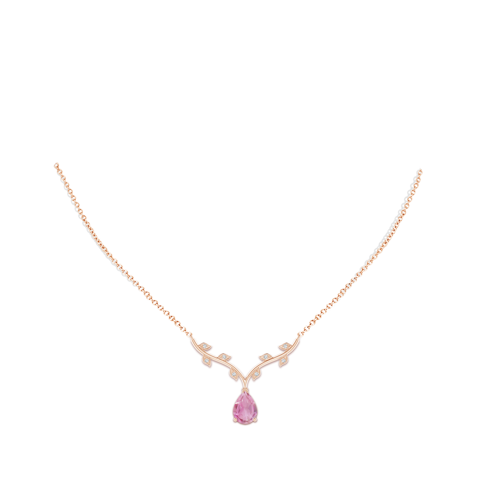 10x7mm A Pear-Shaped Pink Tourmaline Necklace with Leaf Motifs in Rose Gold body-neck