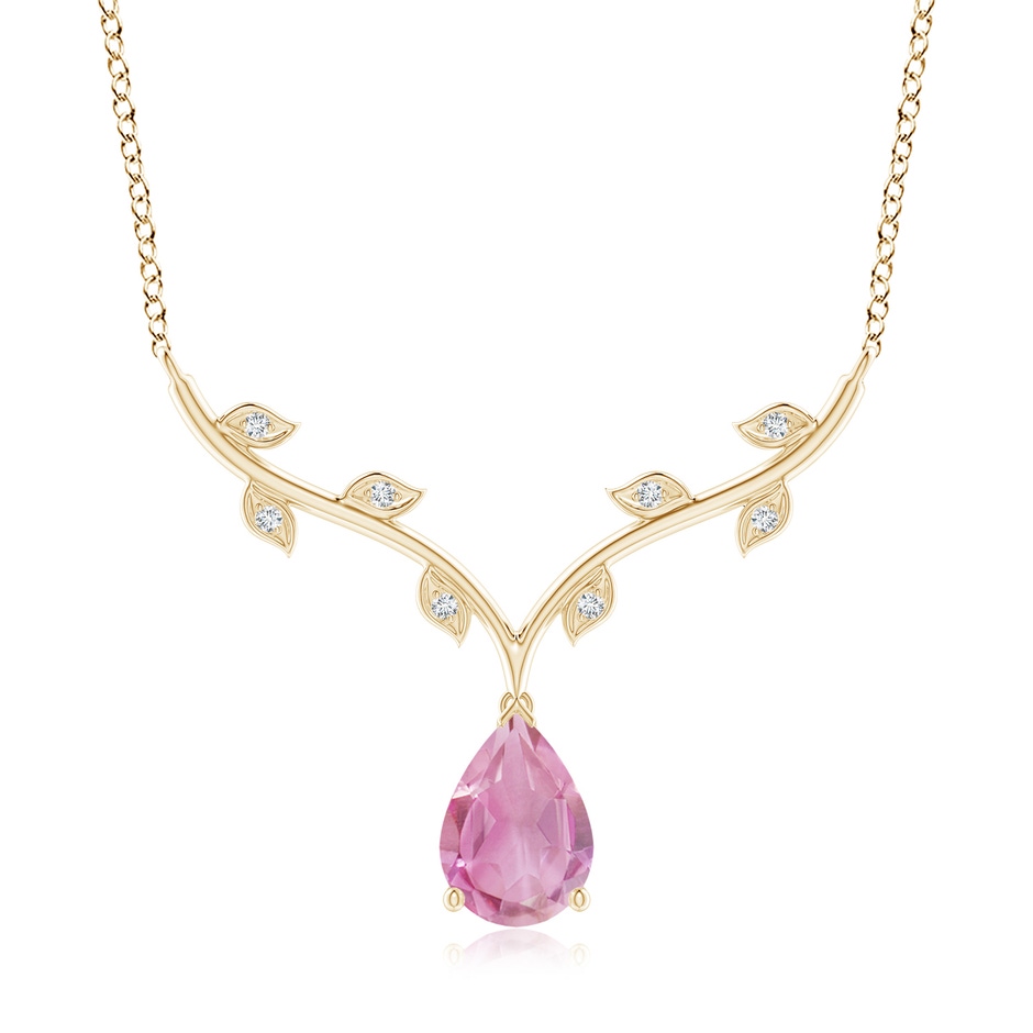 10x7mm A Pear-Shaped Pink Tourmaline Necklace with Leaf Motifs in Yellow Gold 