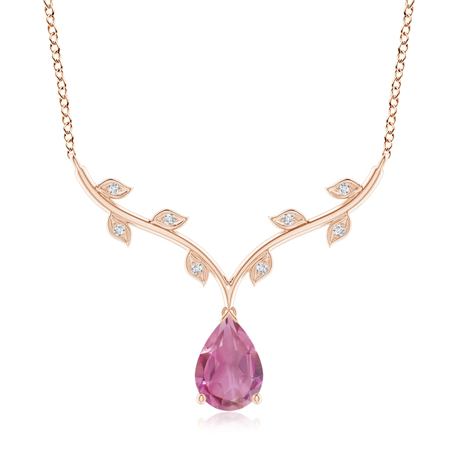 10x7mm AA Pear-Shaped Pink Tourmaline Necklace with Leaf Motifs in Rose Gold 