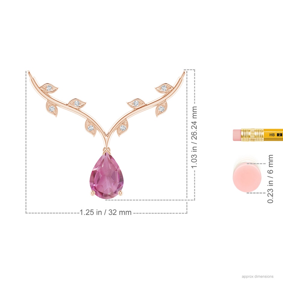 10x7mm AA Pear-Shaped Pink Tourmaline Necklace with Leaf Motifs in Rose Gold ruler