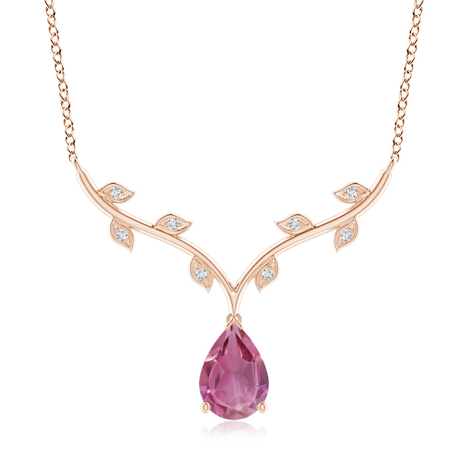 10x7mm AAA Pear-Shaped Pink Tourmaline Necklace with Leaf Motifs in Rose Gold 