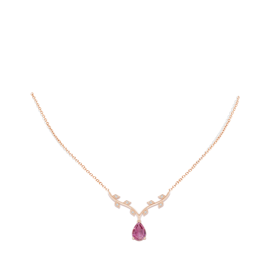 10x7mm AAA Pear-Shaped Pink Tourmaline Necklace with Leaf Motifs in Rose Gold body-neck