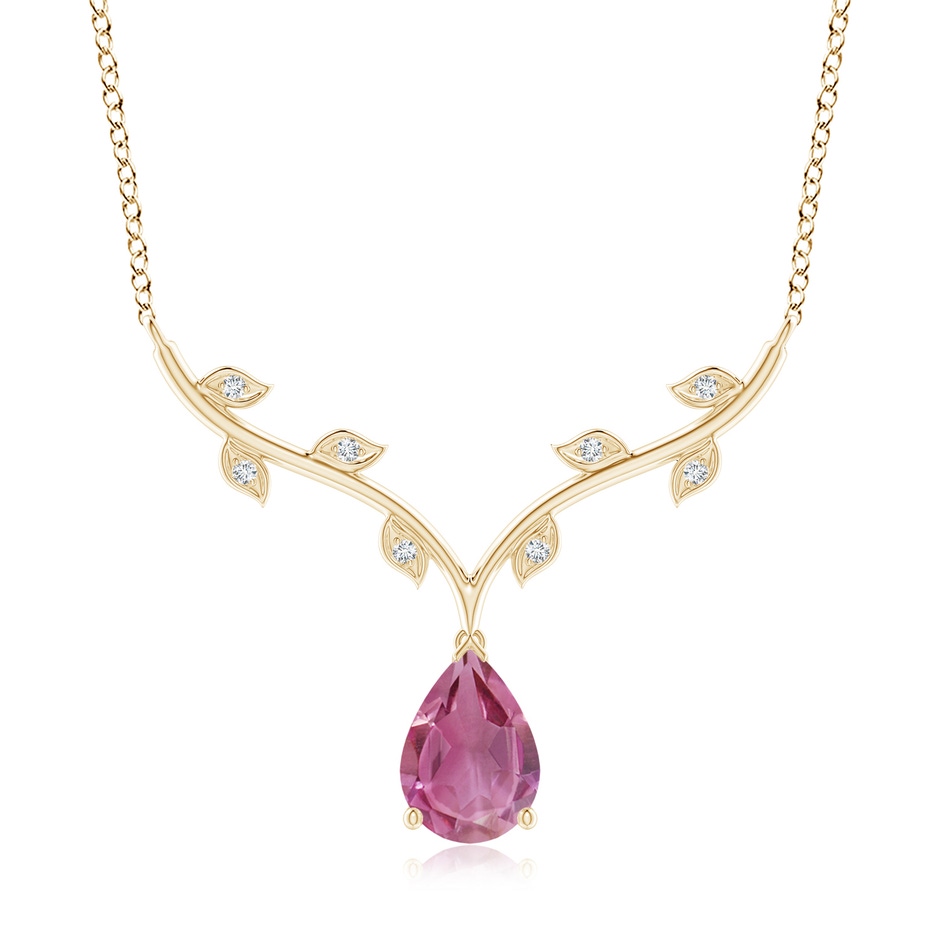10x7mm AAA Pear-Shaped Pink Tourmaline Necklace with Leaf Motifs in Yellow Gold 