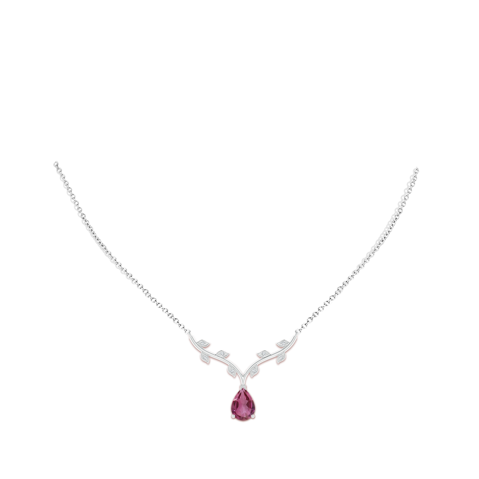 10x7mm AAAA Pear-Shaped Pink Tourmaline Necklace with Leaf Motifs in P950 Platinum body-neck