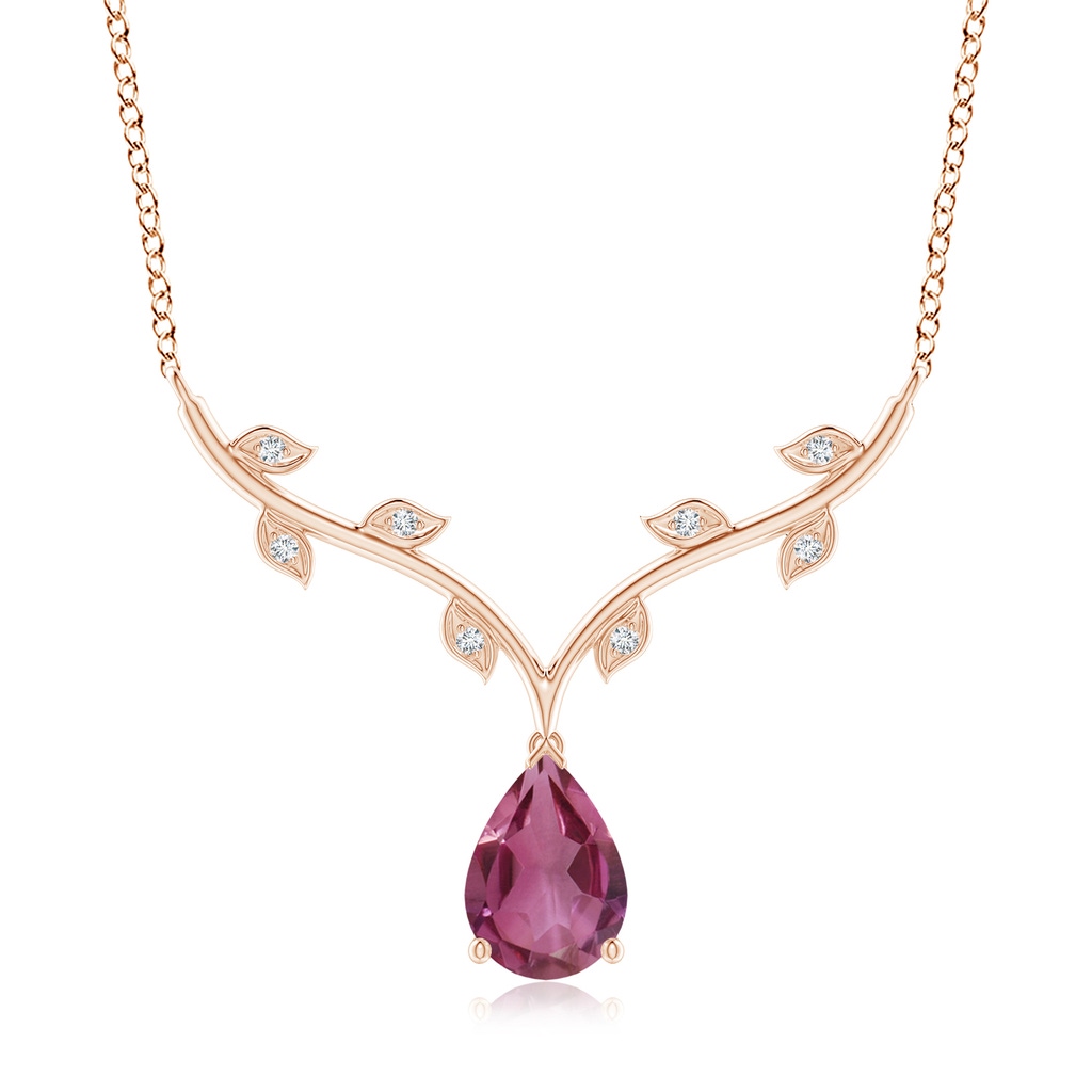 10x7mm AAAA Pear-Shaped Pink Tourmaline Necklace with Leaf Motifs in Rose Gold