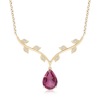 10x7mm AAAA Pear-Shaped Pink Tourmaline Necklace with Leaf Motifs in Yellow Gold