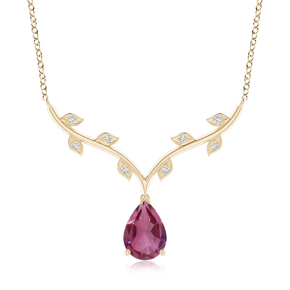 10x7mm AAAA Pear-Shaped Pink Tourmaline Necklace with Leaf Motifs in Yellow Gold 