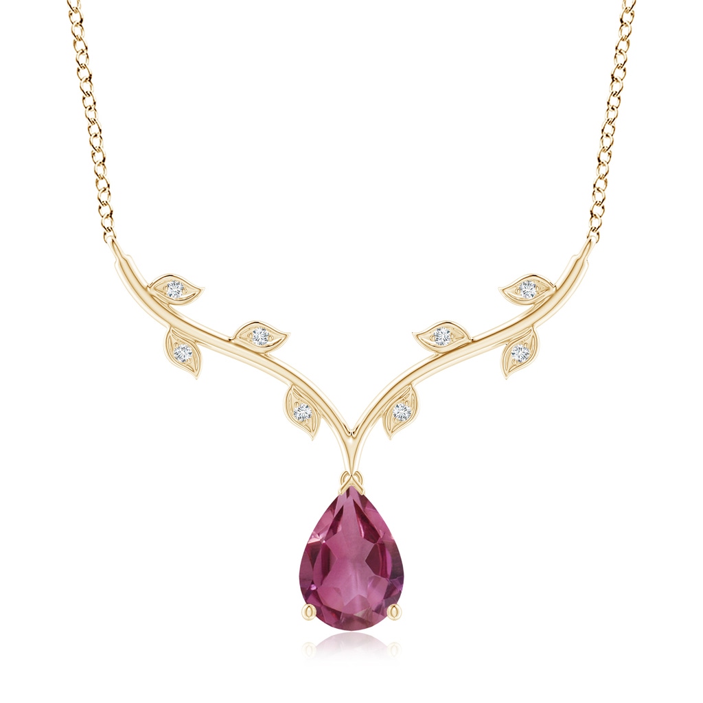 10x7mm AAAA Pear-Shaped Pink Tourmaline Necklace with Leaf Motifs in Yellow Gold