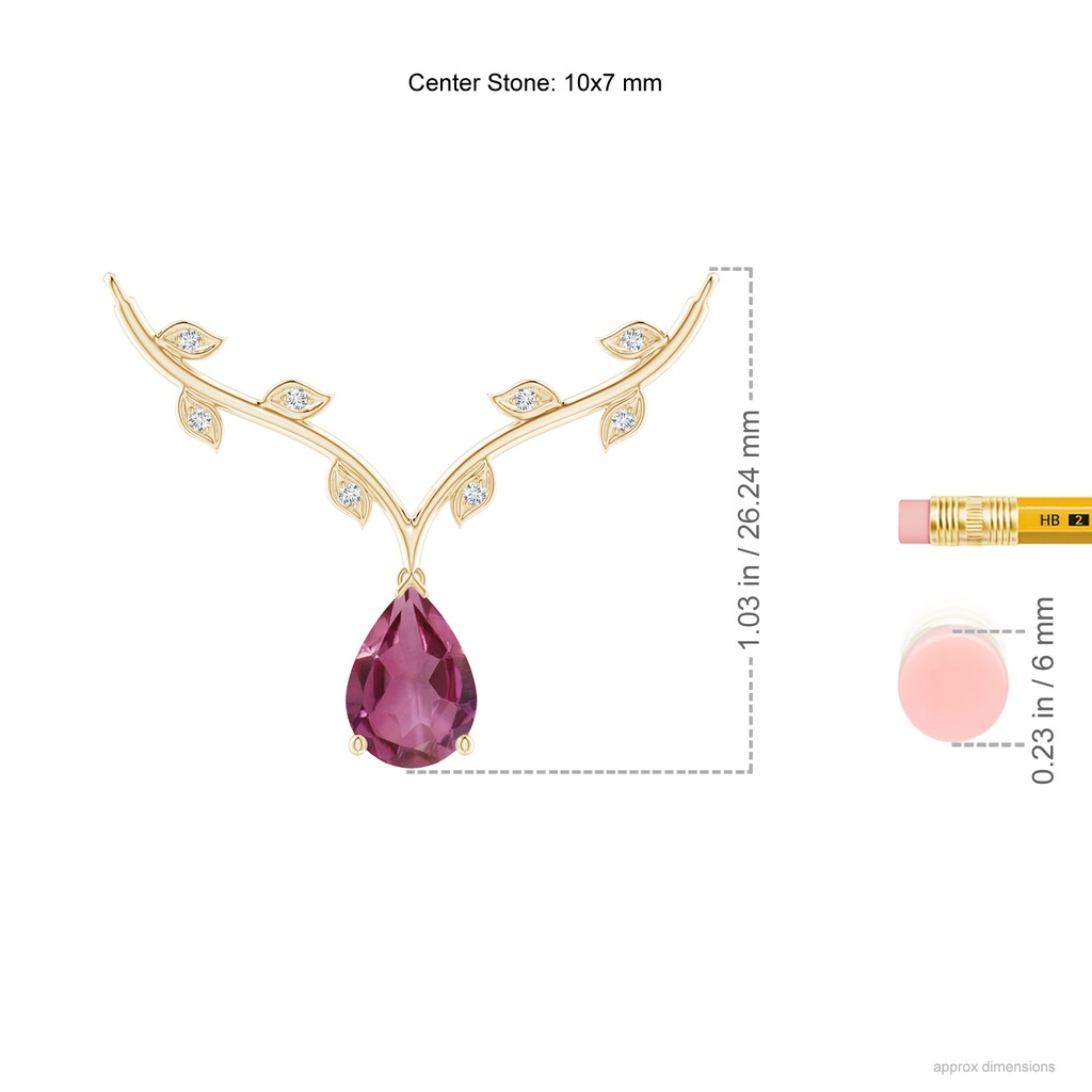 10x7mm AAAA Pear-Shaped Pink Tourmaline Necklace with Leaf Motifs in Yellow Gold Ruler