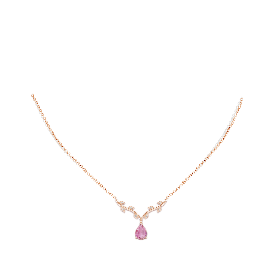 8x6mm A Pear-Shaped Pink Tourmaline Necklace with Leaf Motifs in Rose Gold body-neck