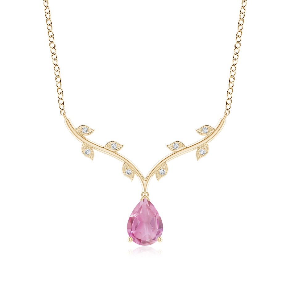 8x6mm A Pear-Shaped Pink Tourmaline Necklace with Leaf Motifs in Yellow Gold 