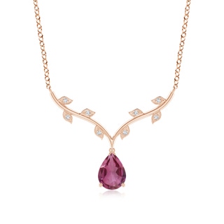 8x6mm AAAA Pear-Shaped Pink Tourmaline Necklace with Leaf Motifs in Rose Gold