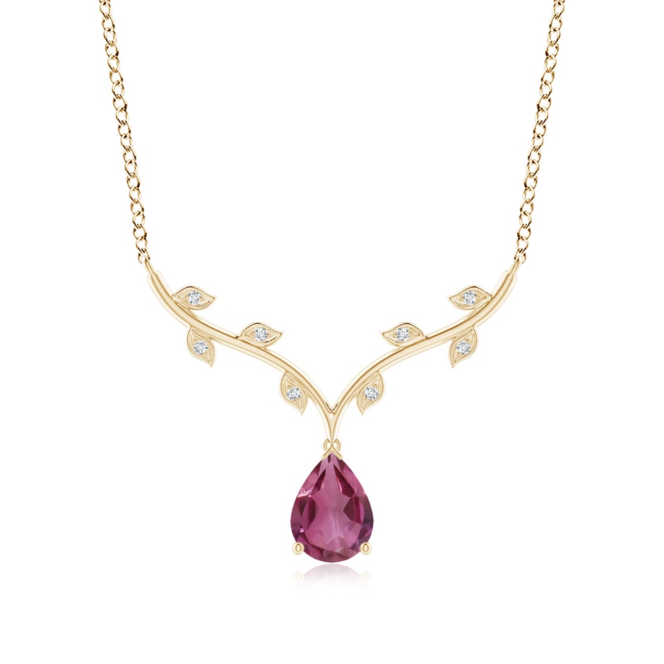 8x6mm AAAA Pear-Shaped Pink Tourmaline Necklace with Leaf Motifs in Yellow Gold 