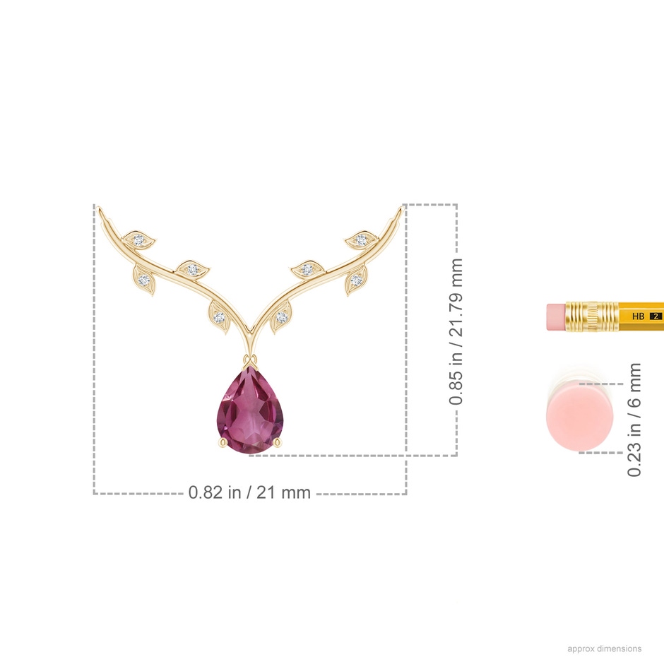 8x6mm AAAA Pear-Shaped Pink Tourmaline Necklace with Leaf Motifs in Yellow Gold ruler