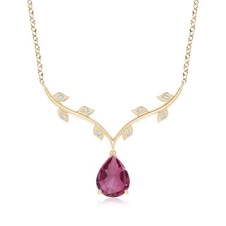 9x6mm AAAA Pear-Shaped Pink Tourmaline Necklace with Leaf Motifs in Yellow Gold