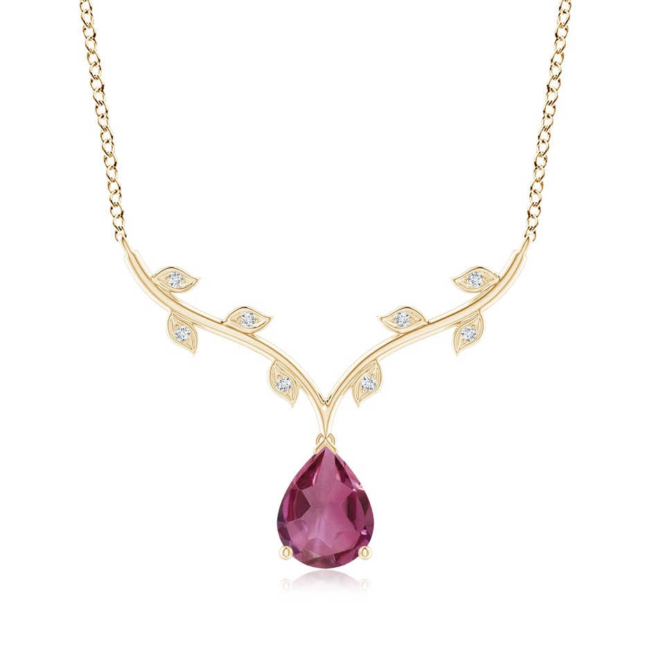 9x6mm AAAA Pear-Shaped Pink Tourmaline Necklace with Leaf Motifs in Yellow Gold 