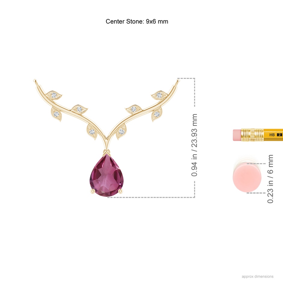 9x6mm AAAA Pear-Shaped Pink Tourmaline Necklace with Leaf Motifs in Yellow Gold ruler