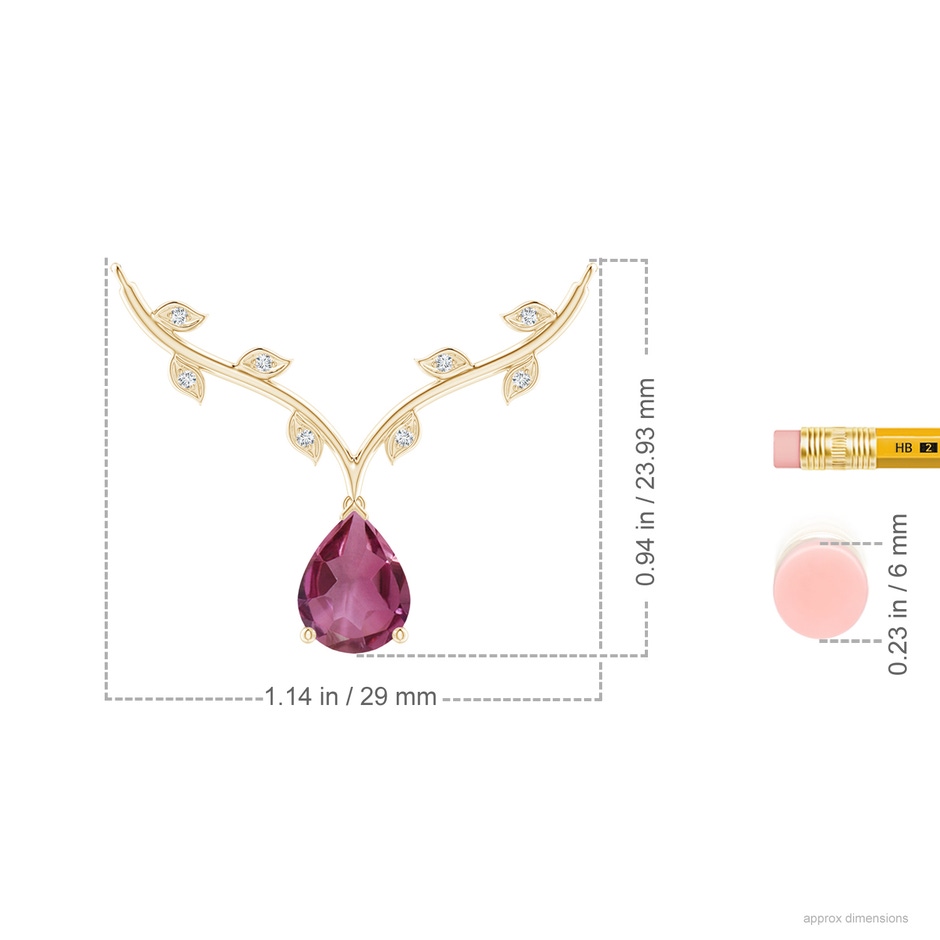9x6mm AAAA Pear-Shaped Pink Tourmaline Necklace with Leaf Motifs in Yellow Gold ruler