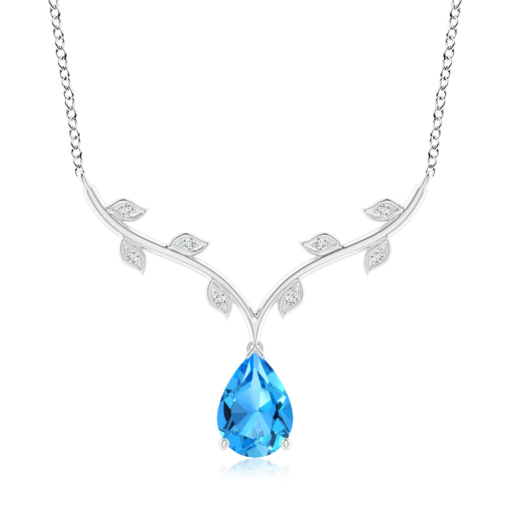 10x7mm AAAA Pear-Shaped Swiss Blue Topaz Necklace with Leaf Motifs in P950 Platinum