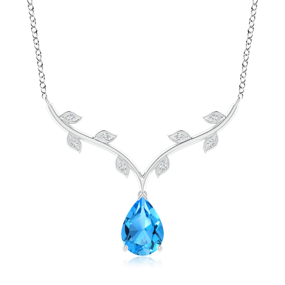 10x7mm AAAA Pear-Shaped Swiss Blue Topaz Necklace with Leaf Motifs in White Gold 