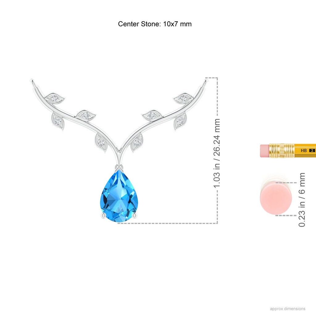 10x7mm AAAA Pear-Shaped Swiss Blue Topaz Necklace with Leaf Motifs in White Gold Ruler