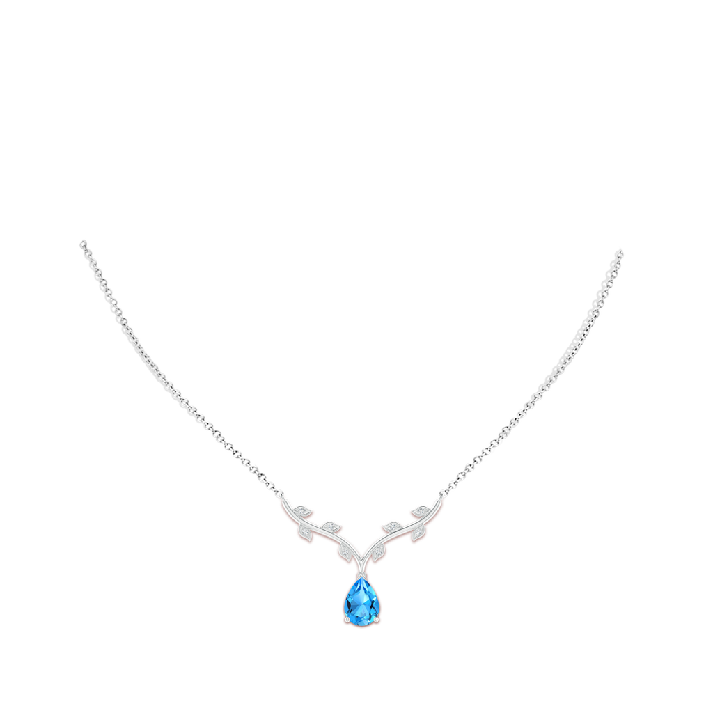 10x7mm AAAA Pear-Shaped Swiss Blue Topaz Necklace with Leaf Motifs in White Gold Body-Neck