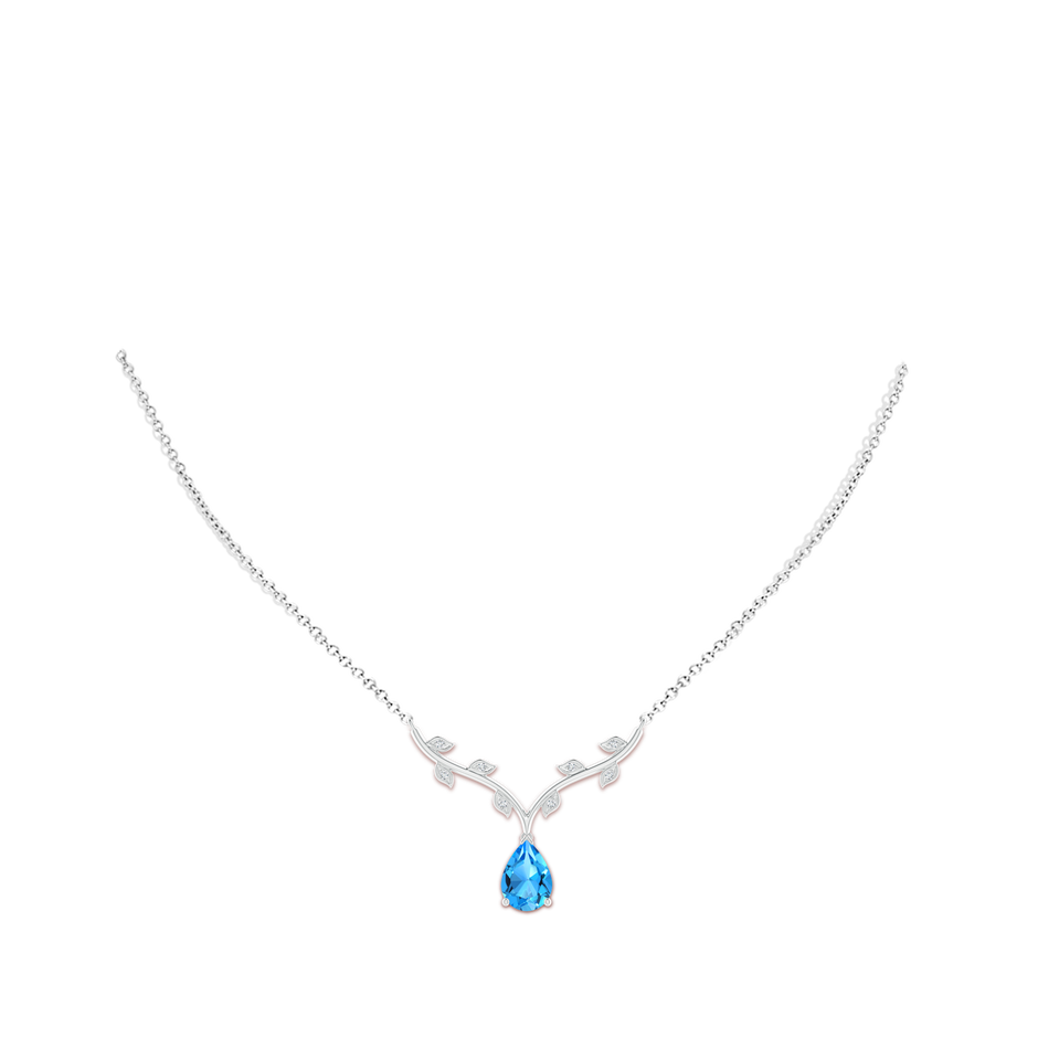 10x7mm AAAA Pear-Shaped Swiss Blue Topaz Necklace with Leaf Motifs in White Gold body-neck