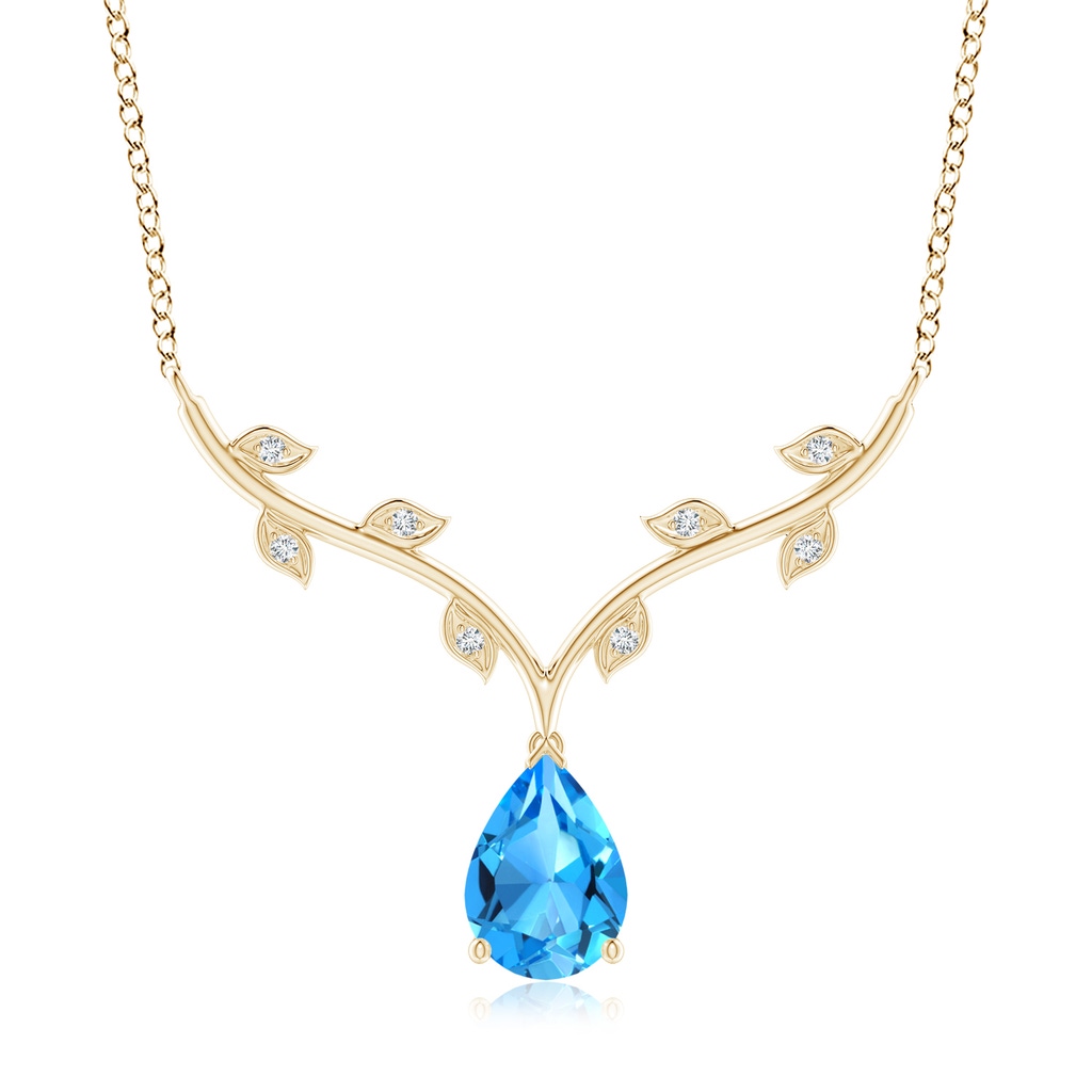 10x7mm AAAA Pear-Shaped Swiss Blue Topaz Necklace with Leaf Motifs in Yellow Gold