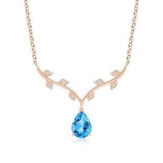 8x6mm AAA Pear-Shaped Swiss Blue Topaz Necklace with Leaf Motifs in Rose Gold