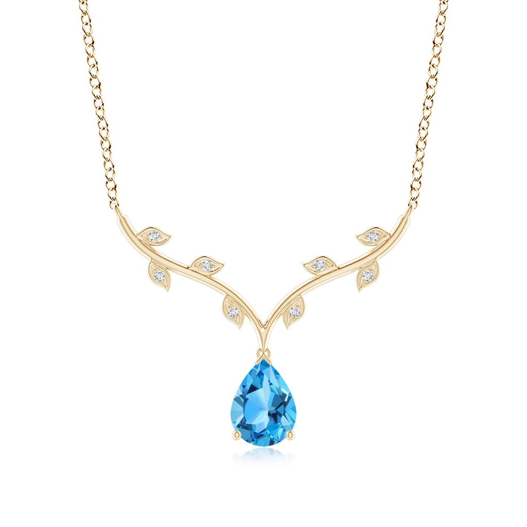 8x6mm AAA Pear-Shaped Swiss Blue Topaz Necklace with Leaf Motifs in Yellow Gold