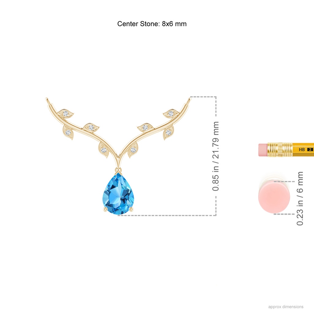 8x6mm AAA Pear-Shaped Swiss Blue Topaz Necklace with Leaf Motifs in Yellow Gold Ruler