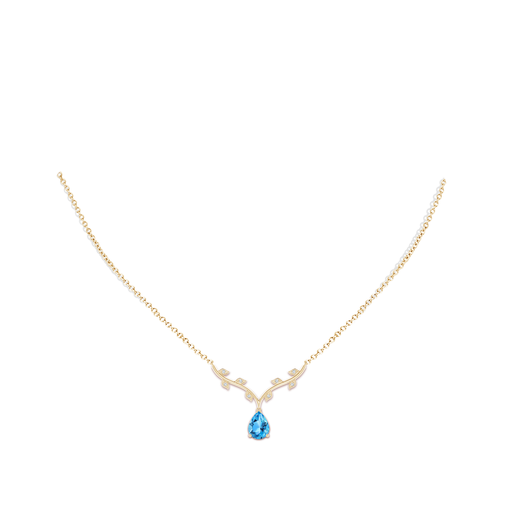 8x6mm AAA Pear-Shaped Swiss Blue Topaz Necklace with Leaf Motifs in Yellow Gold Body-Neck