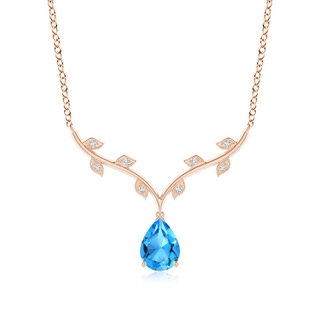 8x6mm AAAA Pear-Shaped Swiss Blue Topaz Necklace with Leaf Motifs in Rose Gold