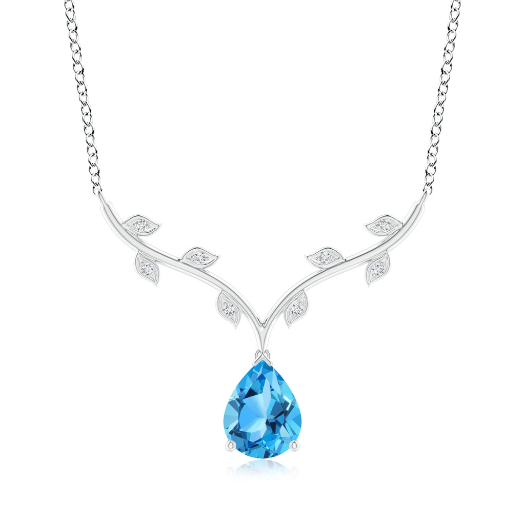 9x6mm AAA Pear-Shaped Swiss Blue Topaz Necklace with Leaf Motifs in White Gold