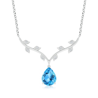 9x6mm AAA Pear-Shaped Swiss Blue Topaz Necklace with Leaf Motifs in White Gold