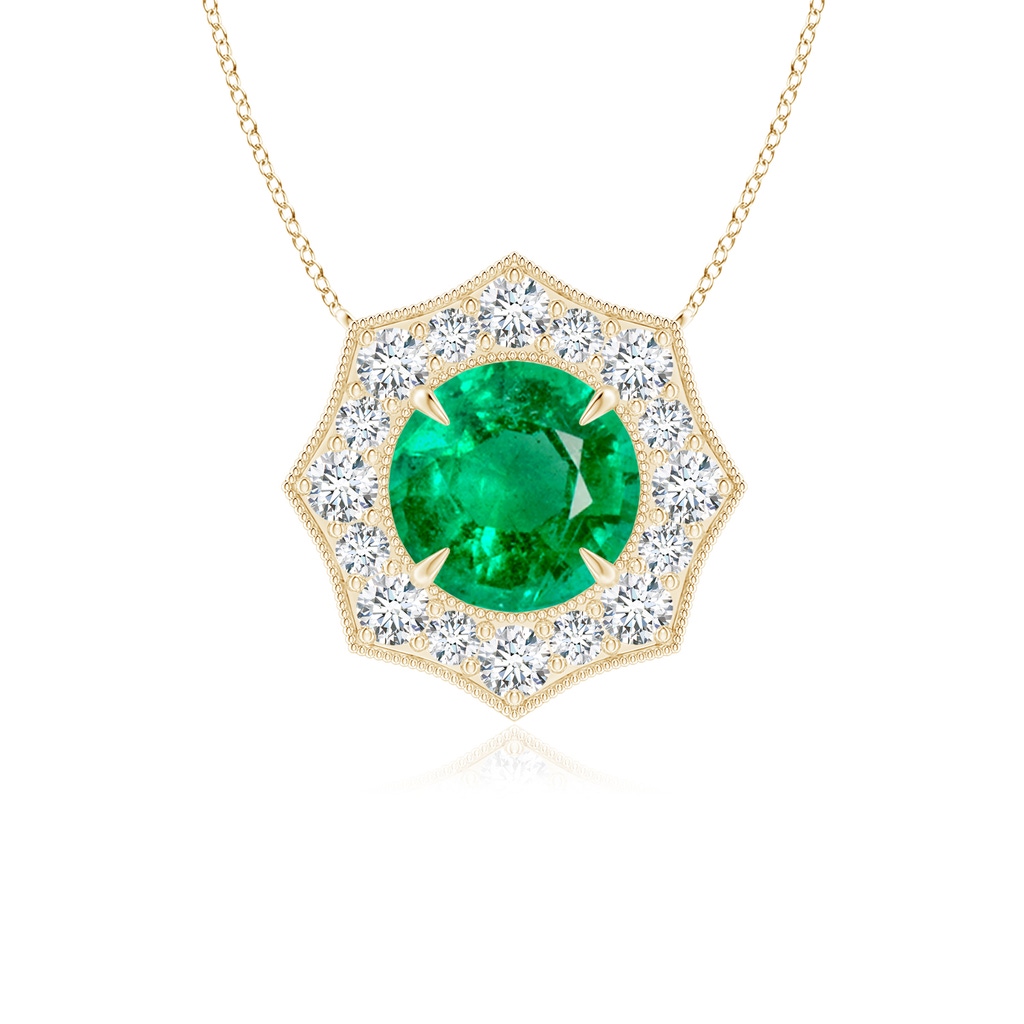 5mm AAA Emerald Pointed Diamond Halo Pendant with Milgrain in Yellow Gold