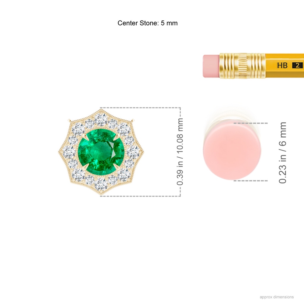 5mm AAA Emerald Pointed Diamond Halo Pendant with Milgrain in Yellow Gold Ruler