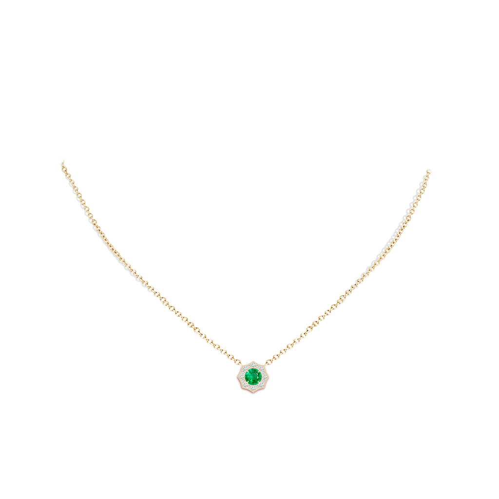 5mm AAA Emerald Pointed Diamond Halo Pendant with Milgrain in Yellow Gold Body-Neck