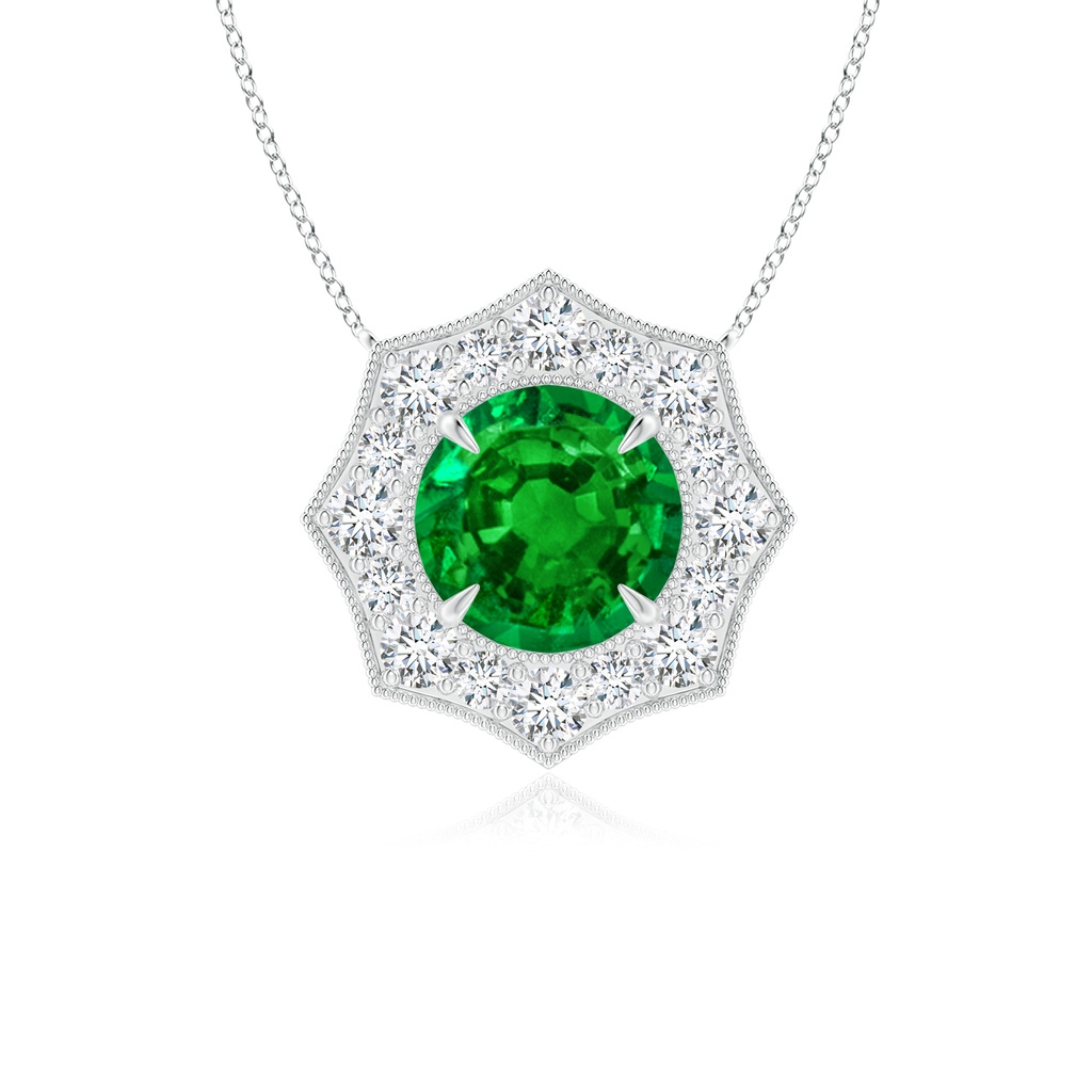 5mm AAAA Emerald Pointed Diamond Halo Pendant with Milgrain in White Gold