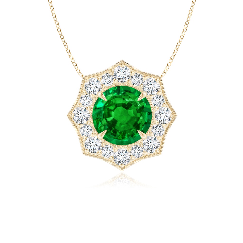 5mm AAAA Emerald Pointed Diamond Halo Pendant with Milgrain in Yellow Gold 